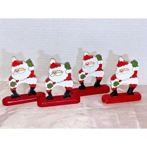 Wooden Santa Napkin Rings Set 4 Standing Waving Jolly Christmas Holiday Decor